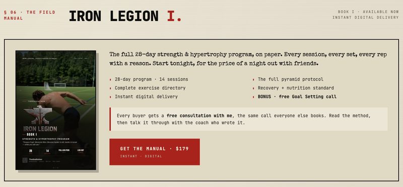 Iron Legion Book I, the 89-page strength and hypertrophy manual, on his site