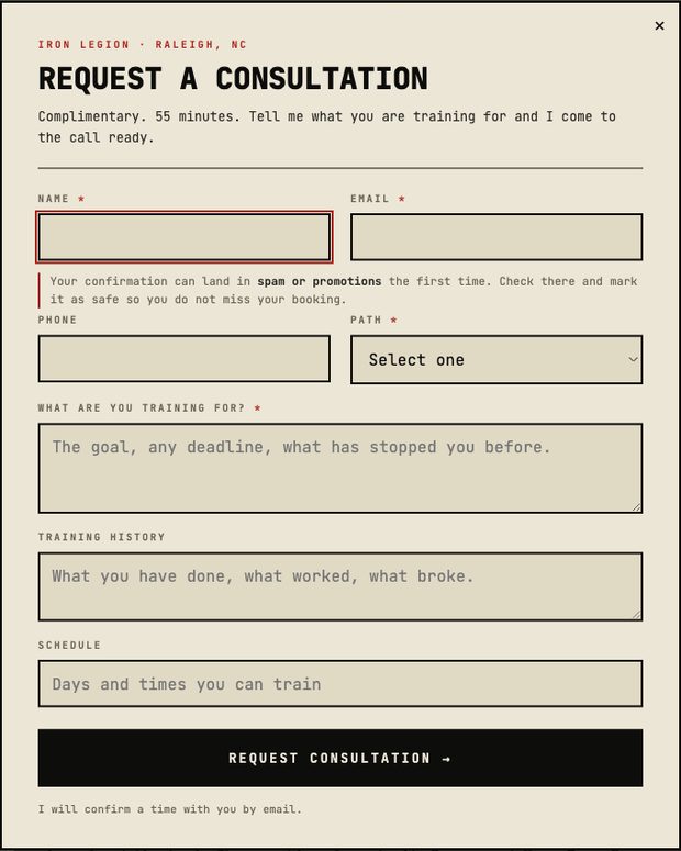 The consultation request form on Michael Joseph's site