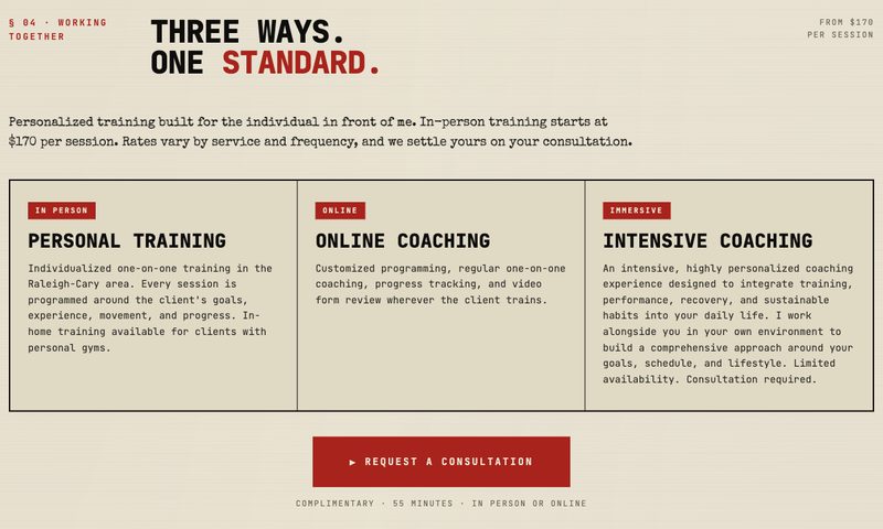The three coaching options on Michael Joseph's site with published pricing