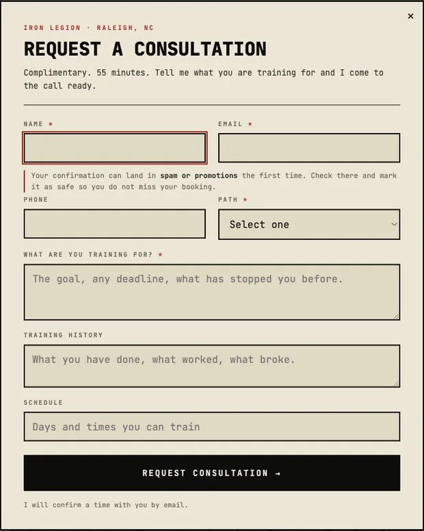 The consultation request form on Michael Joseph's site