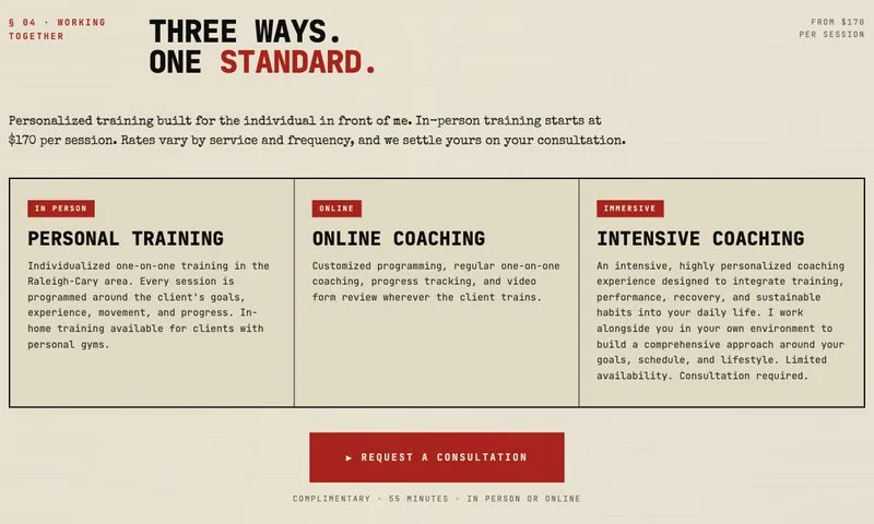 The three coaching options on Michael Joseph's site with published pricing
