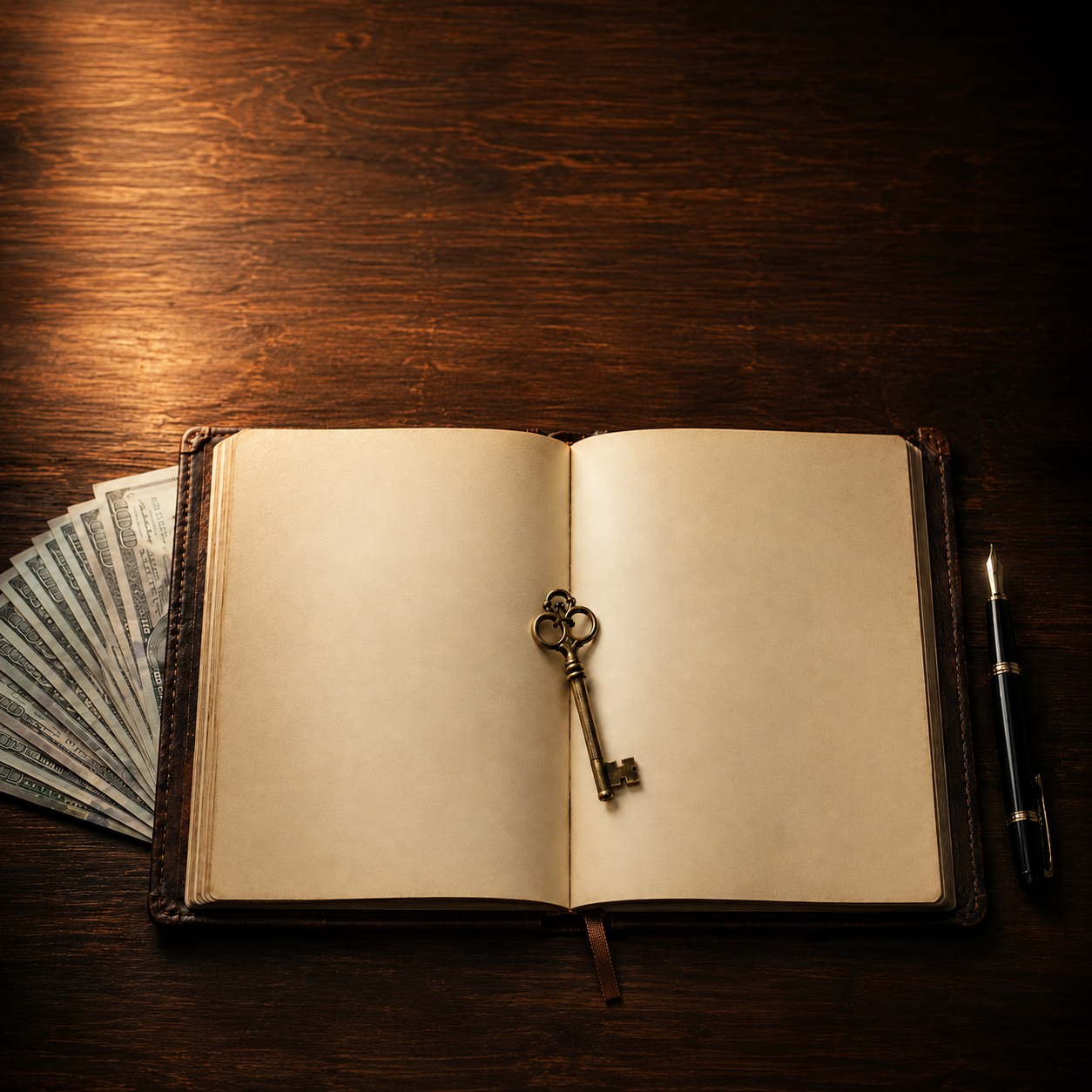 An open ledger on a dark wood desk with stacked cash, a brass key, a fountain pen, and a red wax seal. I hand you a business, by application only.