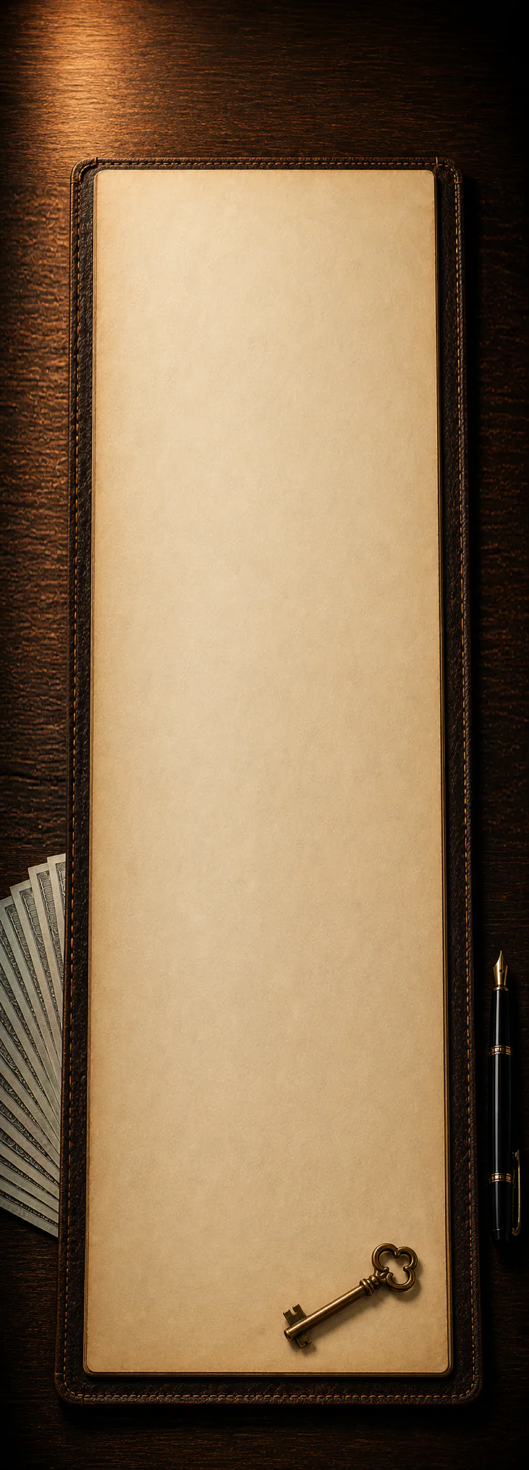 An open ledger on a dark wood desk with stacked cash, a brass key, a fountain pen, and a red wax seal. I hand you a business, by application only.